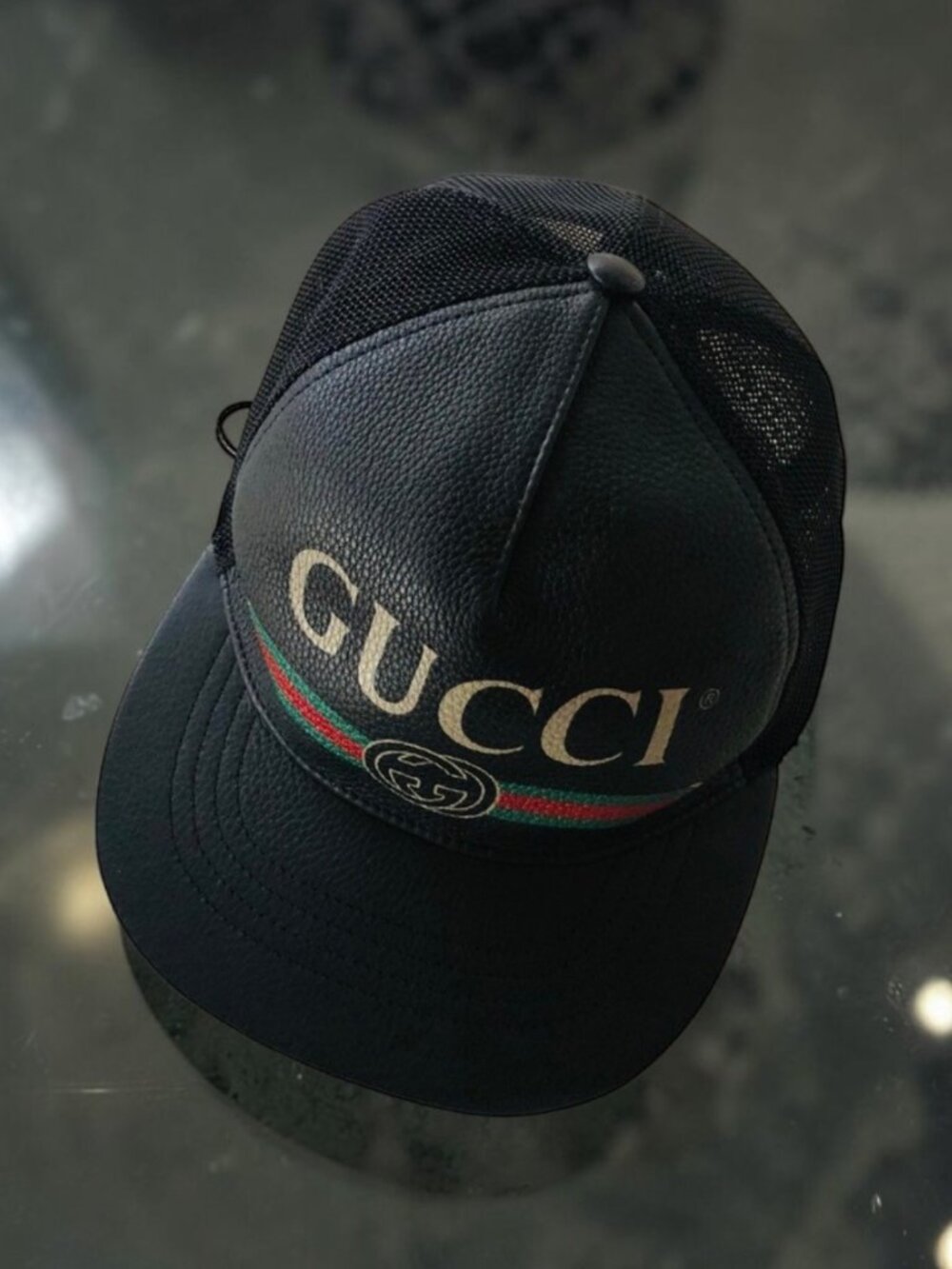 Black Leather GUCCI GG Baseball Cap / Trucker Hat Crypto Mesh w Dust Bag Size M - Picture 3 of 10